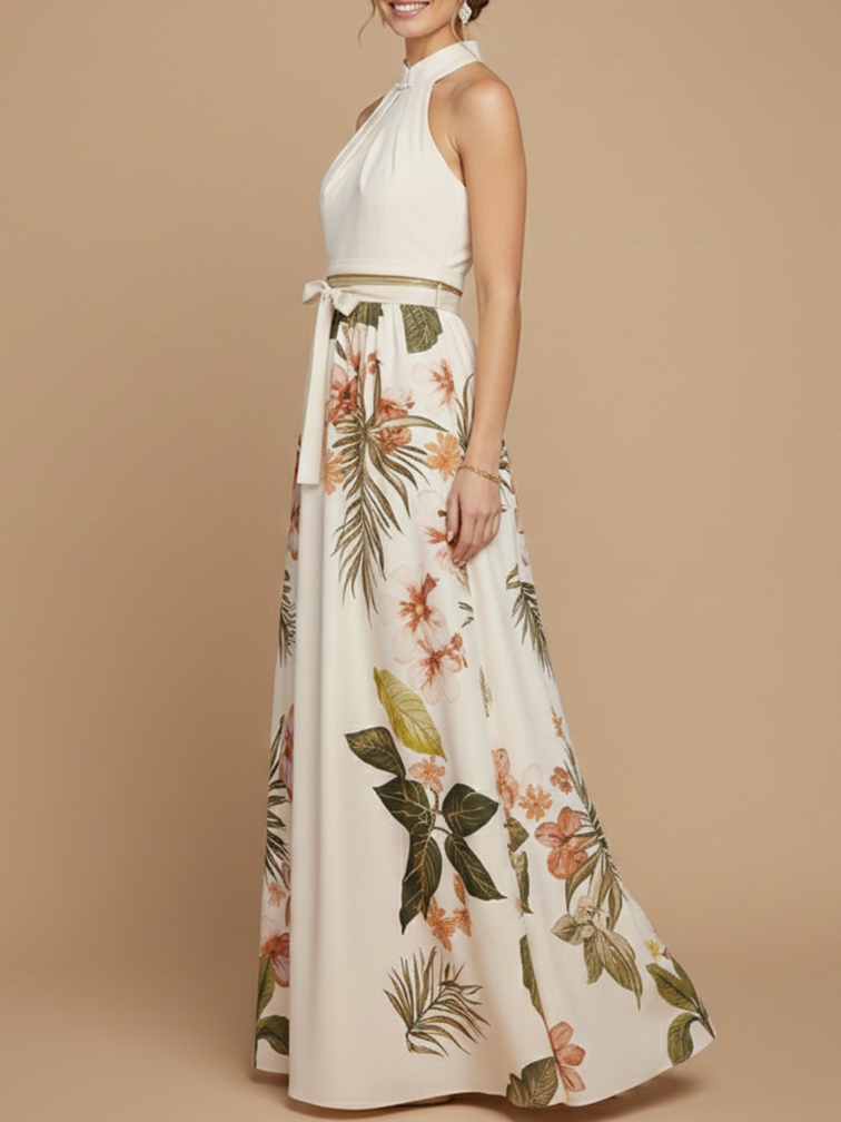 Beige Bow Satin Halter Floral Sleeveless A-Line Maxi Dress
