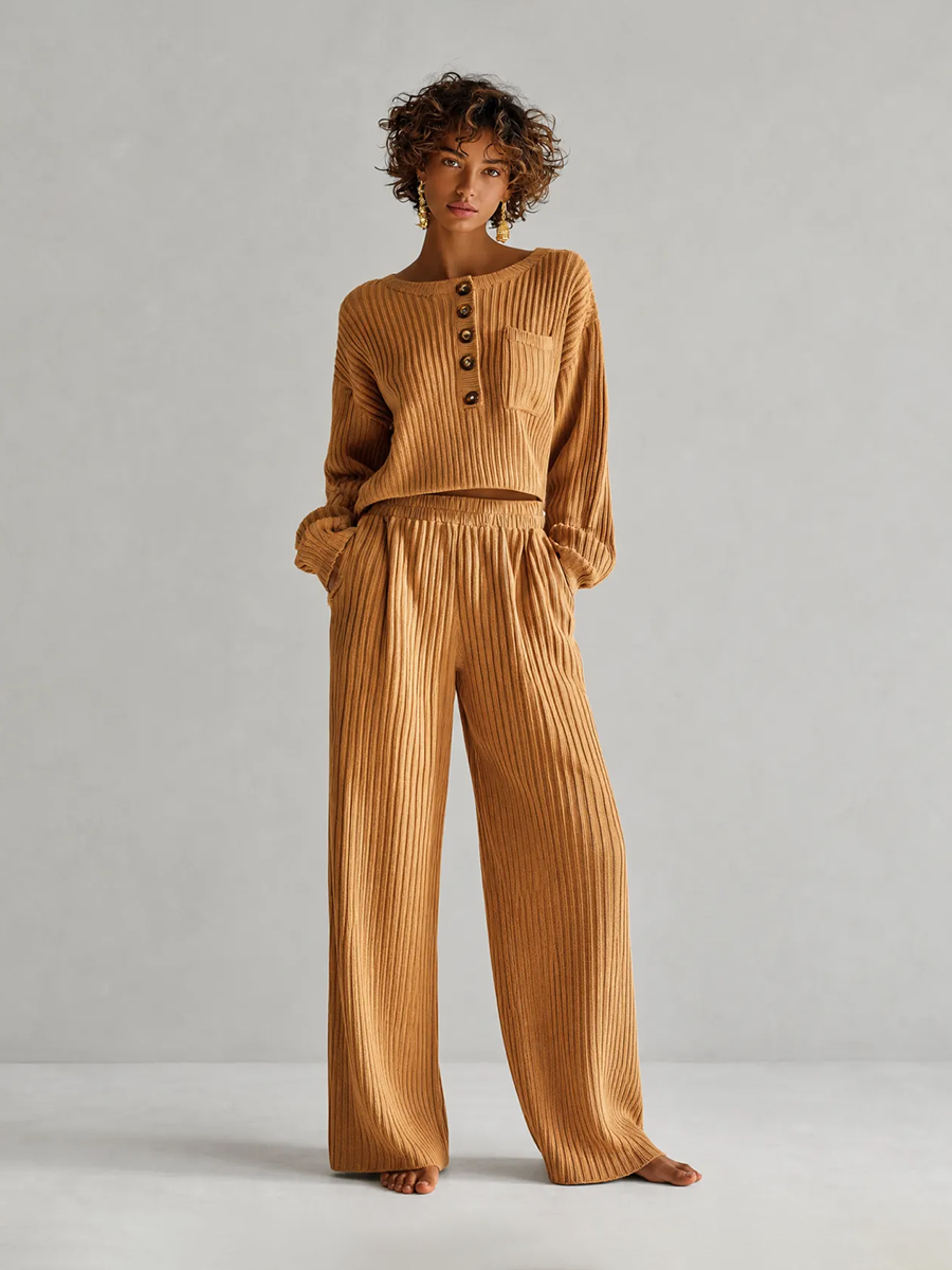 Women's Casual Brown Wide-Rib Knit Round-Neck Button-Placket Long-Sleeve Cropped Top & Elastic-Waist Wide-Leg Trouser Set MDZ2781G7CMX