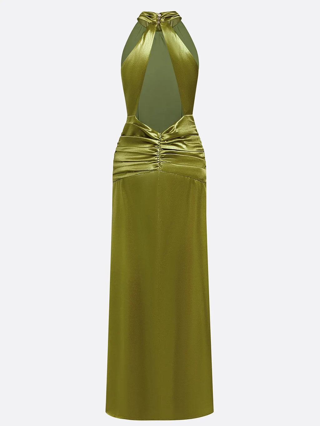 Green Ruched Side-Slit Satin Halter Sleeveless A-Line Gown Dress