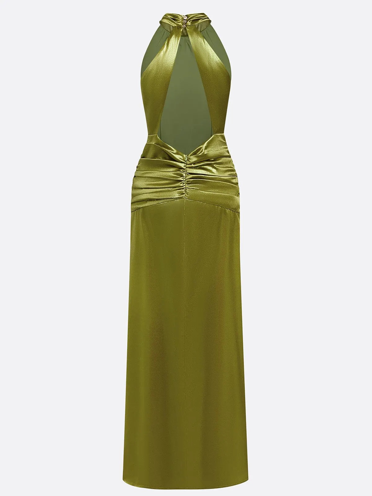 Green Ruched Side-Slit Satin Halter Sleeveless A-Line Gown Dress