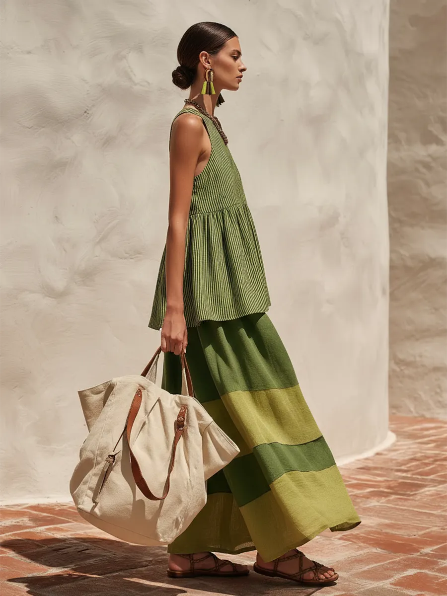 Retro-chic Striped Top And Color-blocked Wide-leg Pants