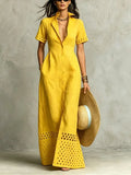 Cotton And Linen Casual Plain Hollow Out Shirt Collar Maxi Dress