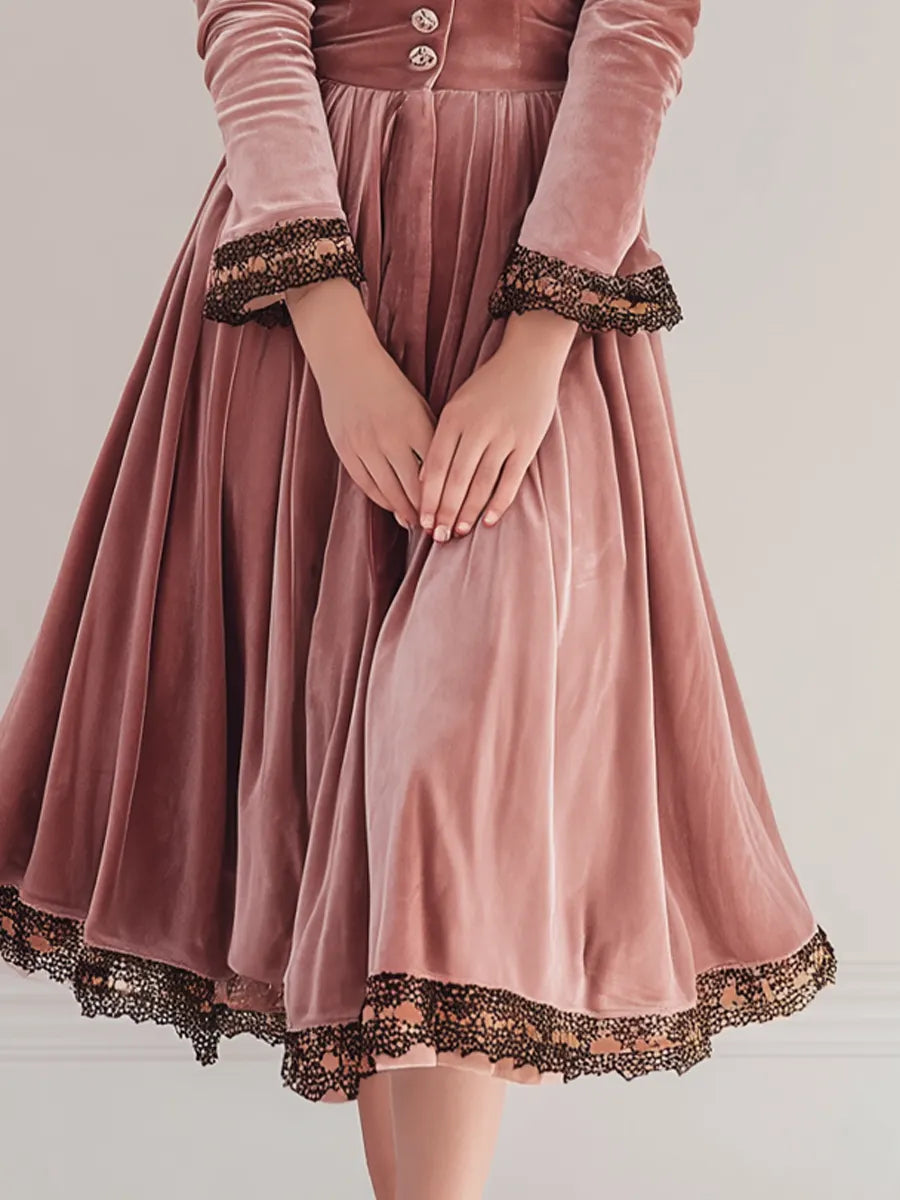 Vintage Lace-trimmed Polyester Velvet Midi Dress