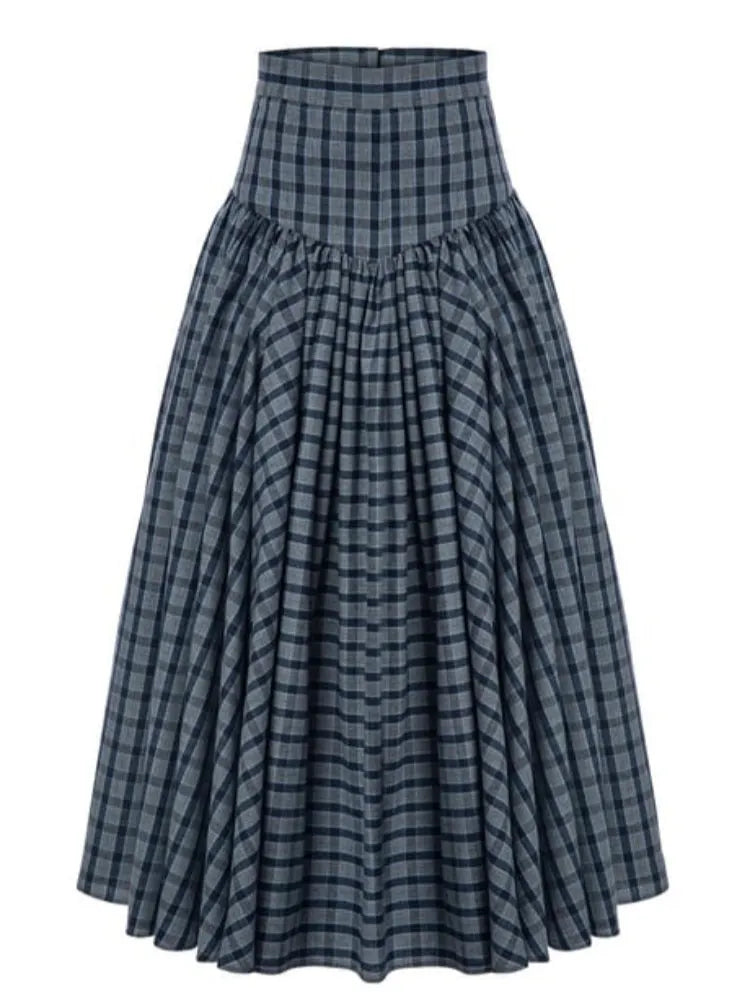 Navy Plaid High-Waist A-Line Skirt