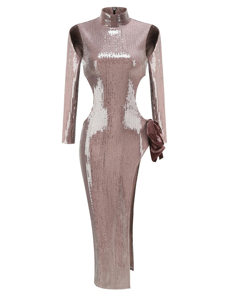 Long Sleeve Bow Detail Sequin Maxi Dress Brown