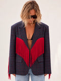 Western Red Fringe Plaid Oversized Blazer Jacket