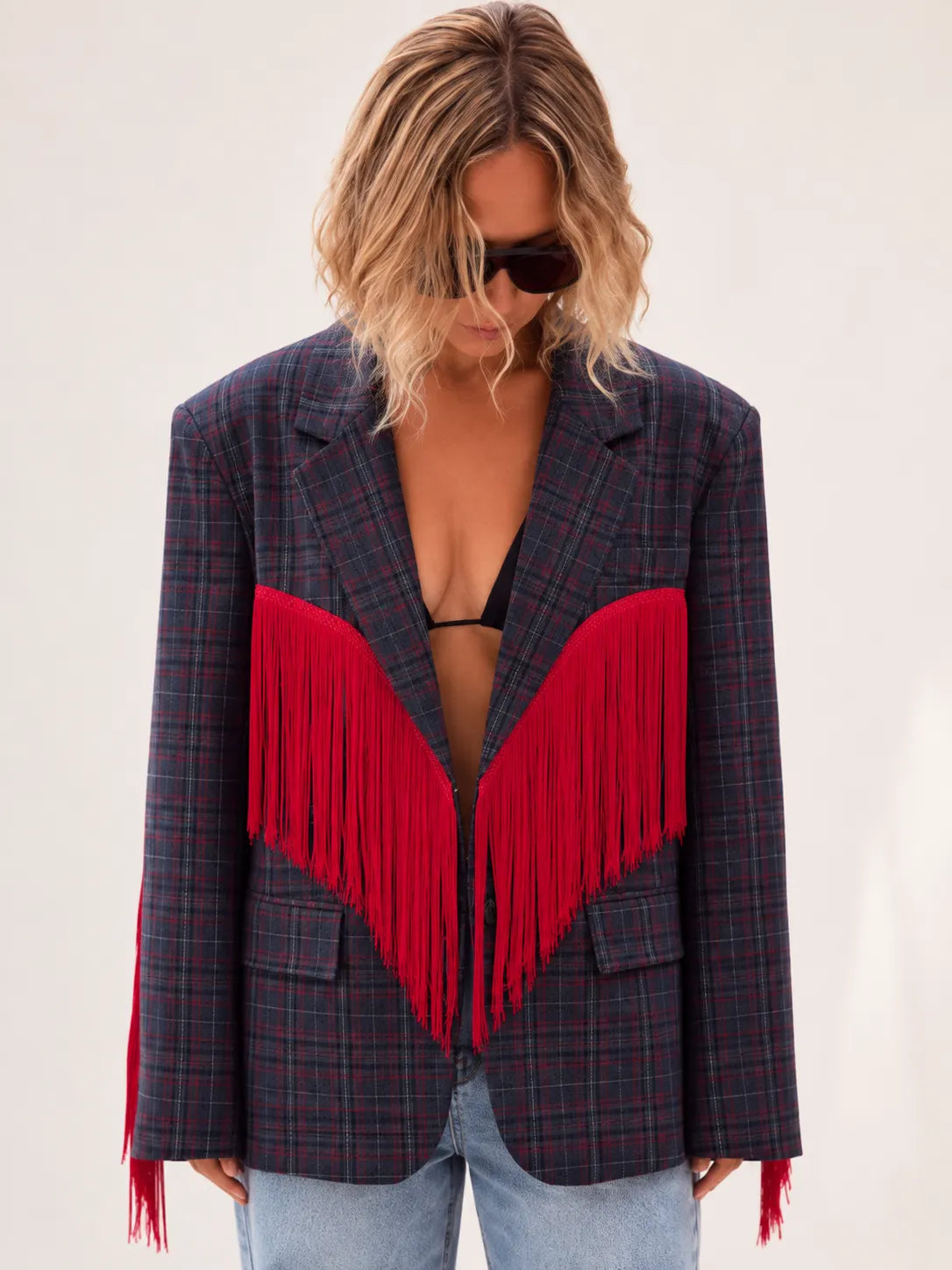 Western Red Fringe Plaid Oversized Blazer Jacket