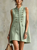 Green Handcrafted Button Sleeveless Top And Skirt Set