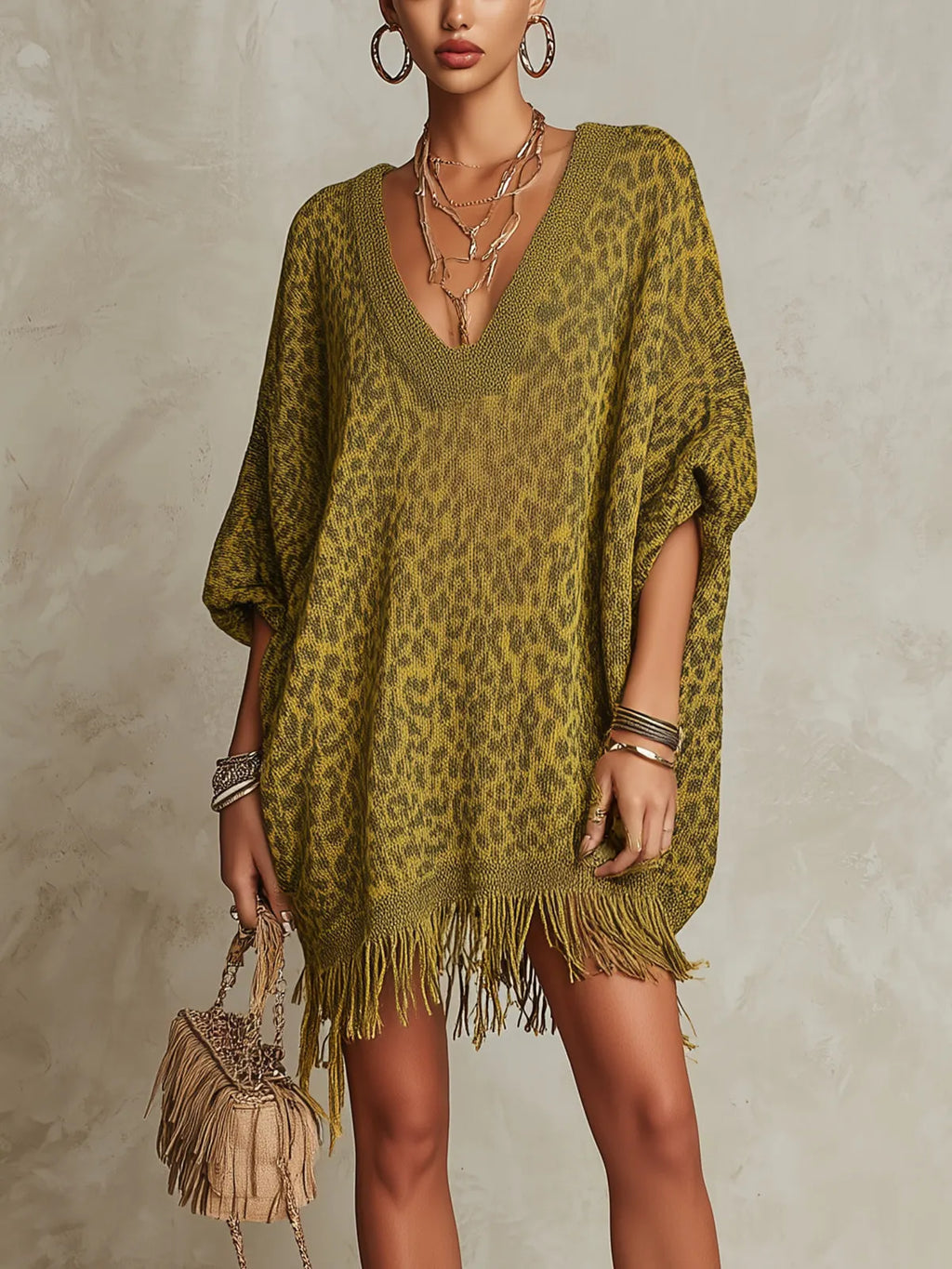 Olive Leopard Fringe Hem Oversized Knit Mini Dress