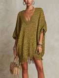 Olive Leopard Fringe Hem Oversized Knit Mini Dress