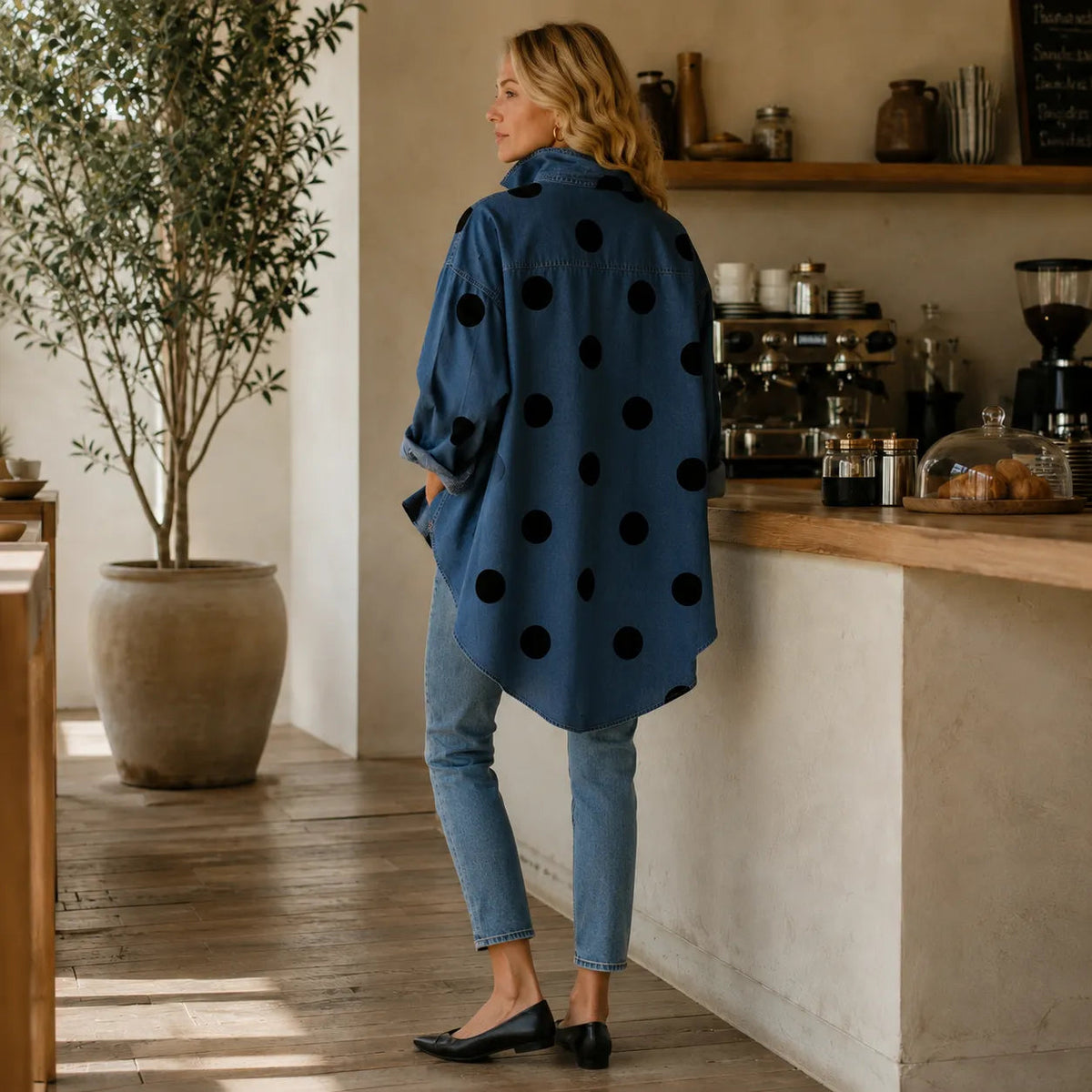 Marevelle – Oversized Polka Dot Denim Shirt with Stand Collar