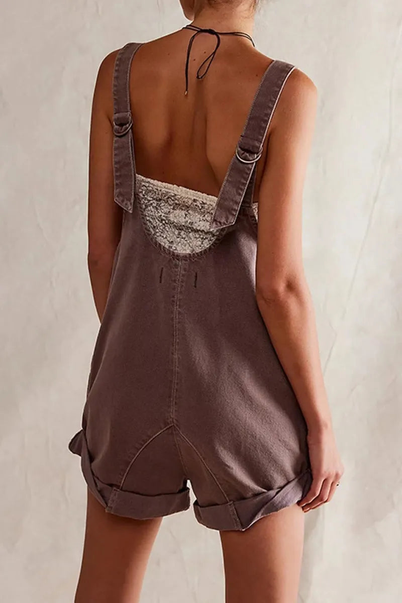 Women Casual Denim Short Overalls Rolled Cuff Barrel Shorts Jumpsuit Rompers