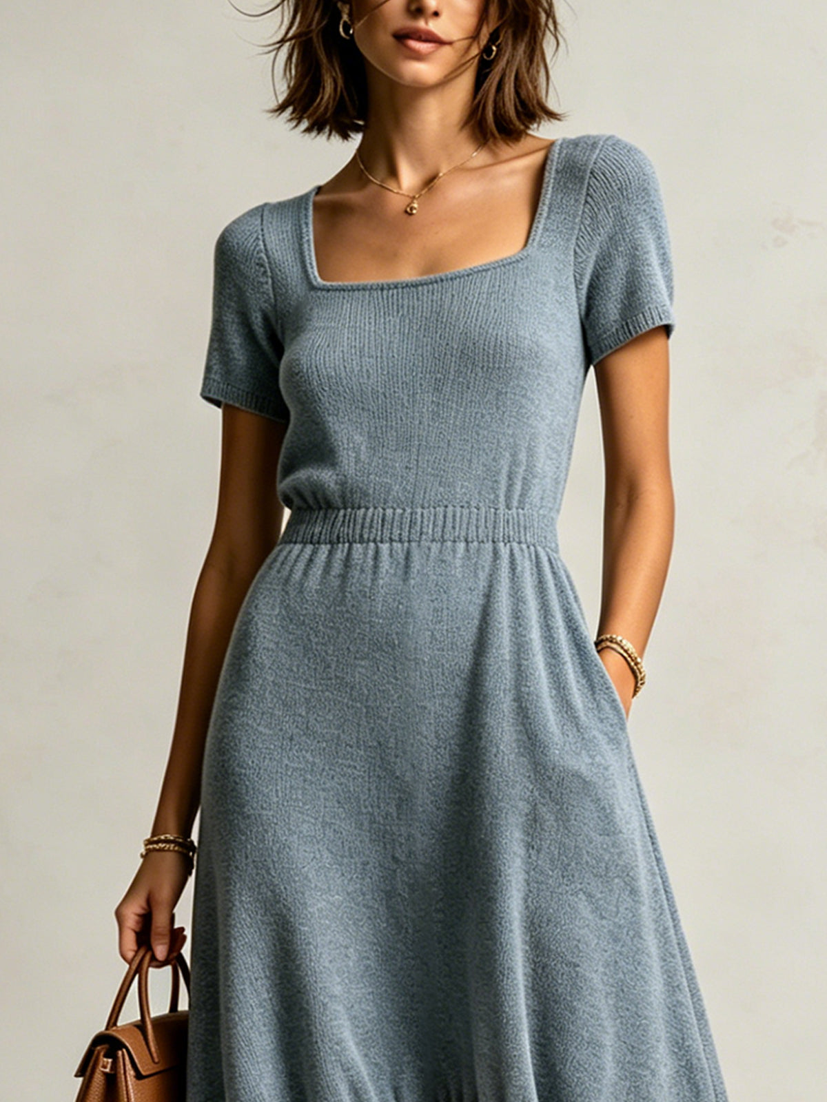 Blue Knit Midi Dress With Square Neckline And Ruffled Brown Hem