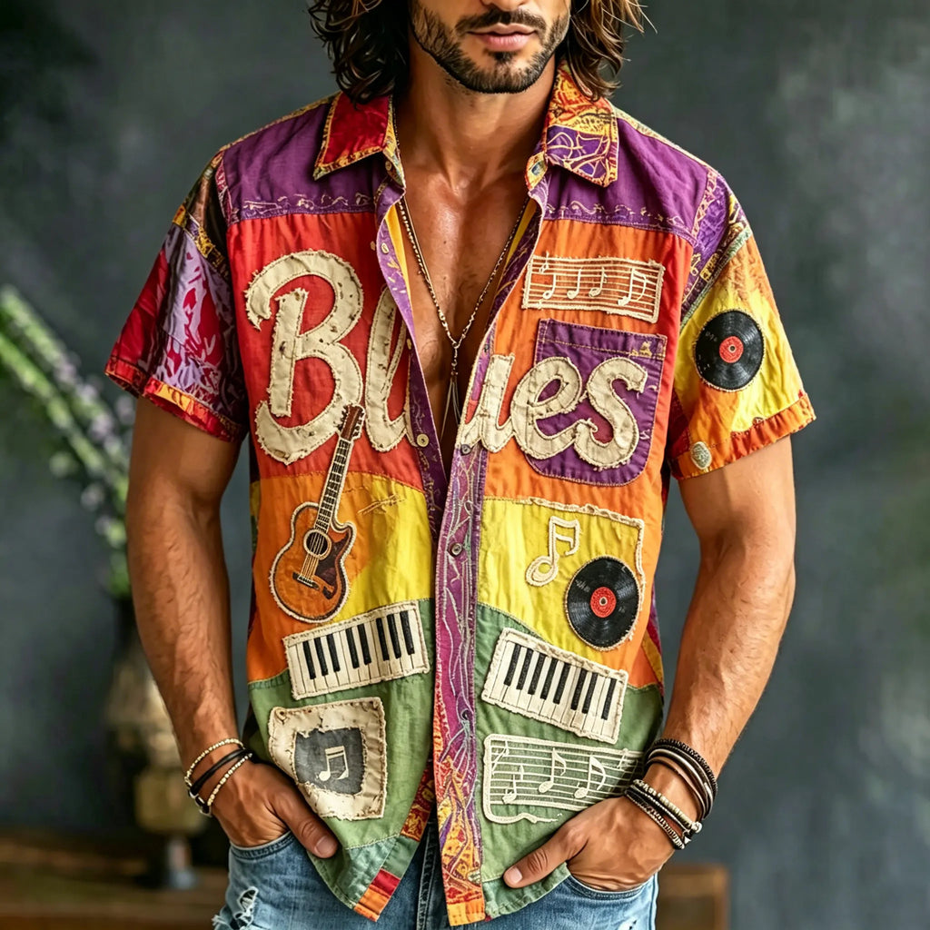 Men's Colorful Blues Music Patchwork Fabric Print Short Sleeve Shirt
