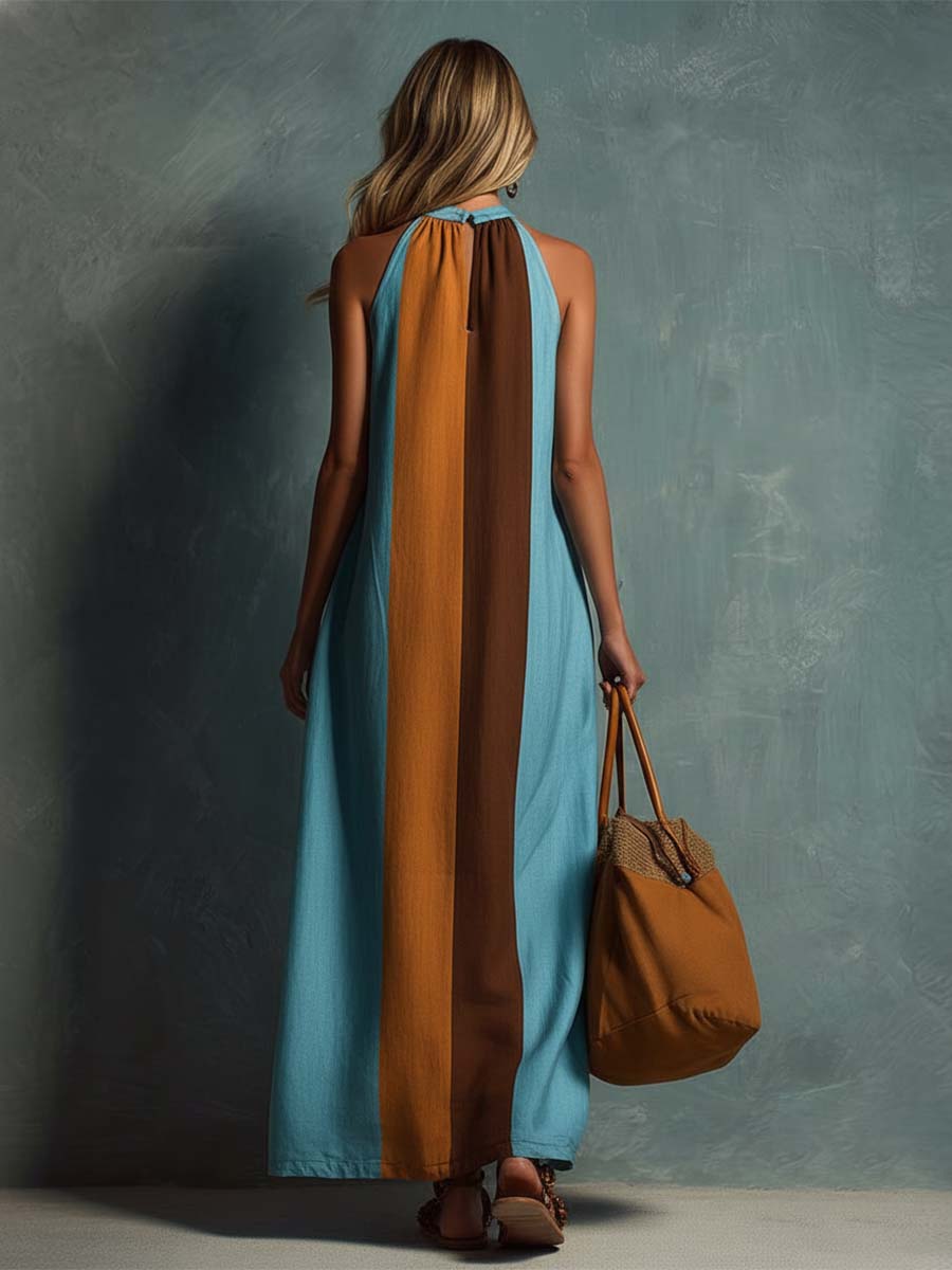 Retro Bohemian Halter Neck Blue And Brown Color-blocked Cotton And Linen Maxi Dress