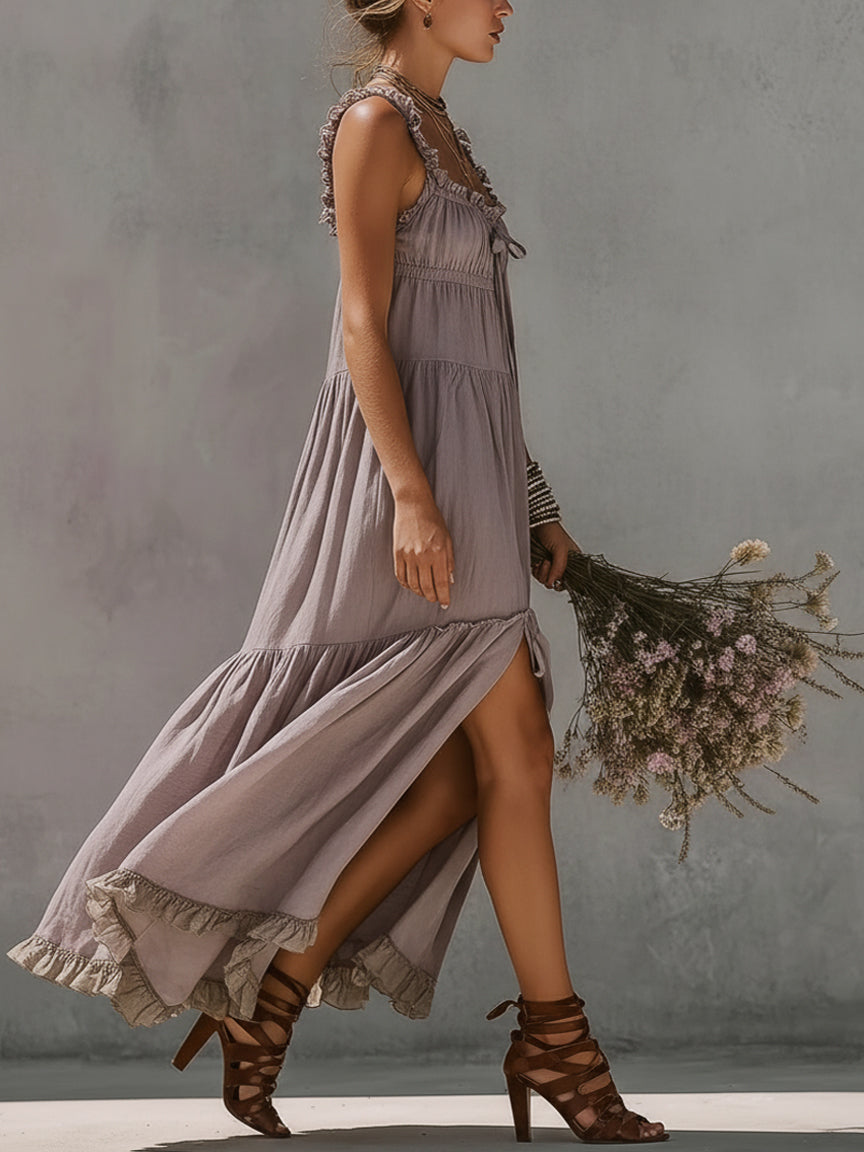 Purple Lace Trimmed Linen Maxi Dress
