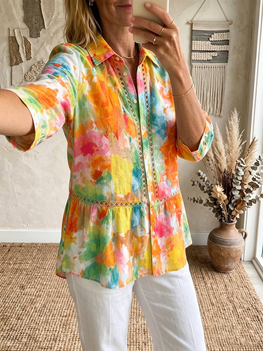 Artistic Cutout Lace-trimmed & Watercolor-print Cotton-linen Blouse