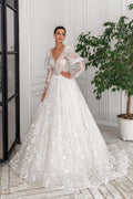 Designer Long Half puff sleeve V-neckline Corset Reflective glitter Sparkling Sequin handmade applications A-line princess wedding dress
