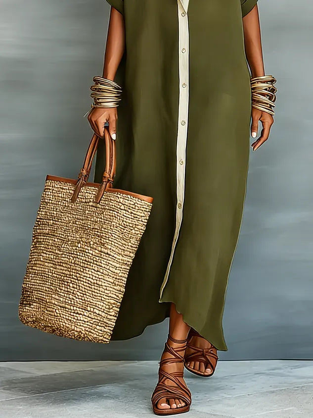 Casual Colorblock Relaxed Maxi Shirt Dress