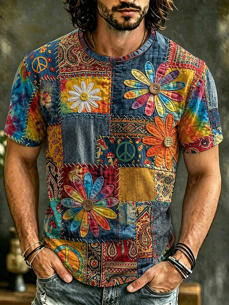 Men's Retro Hippie Patchwork Floral Art Crew Neck Short Sleeve T-shirt