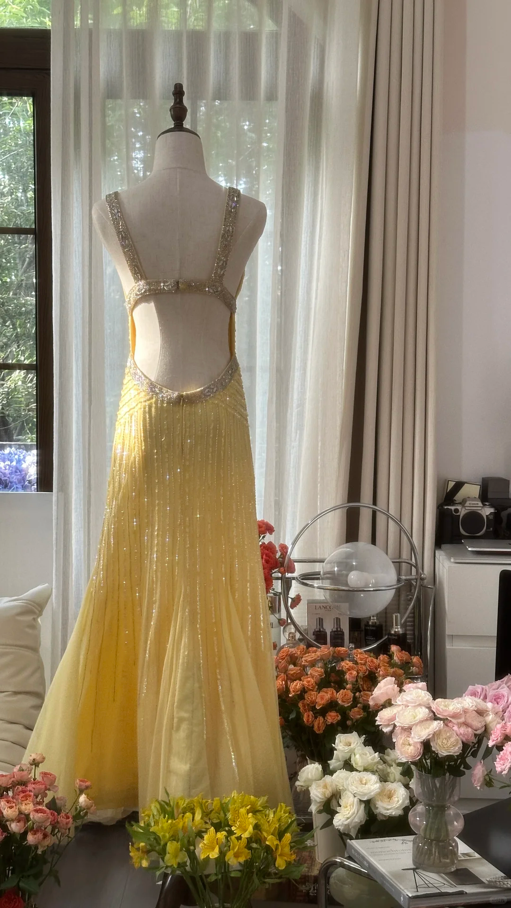 Lit Yellow Gorgeous Shiny Fashion Elegant Exquisite Beaded Long Tulle Backless Fairy Ball Gown Evening Dress Birthday/Wedding Guest/Holiday Party Dress Prom Dress Valentine's Day Date Dress 4034