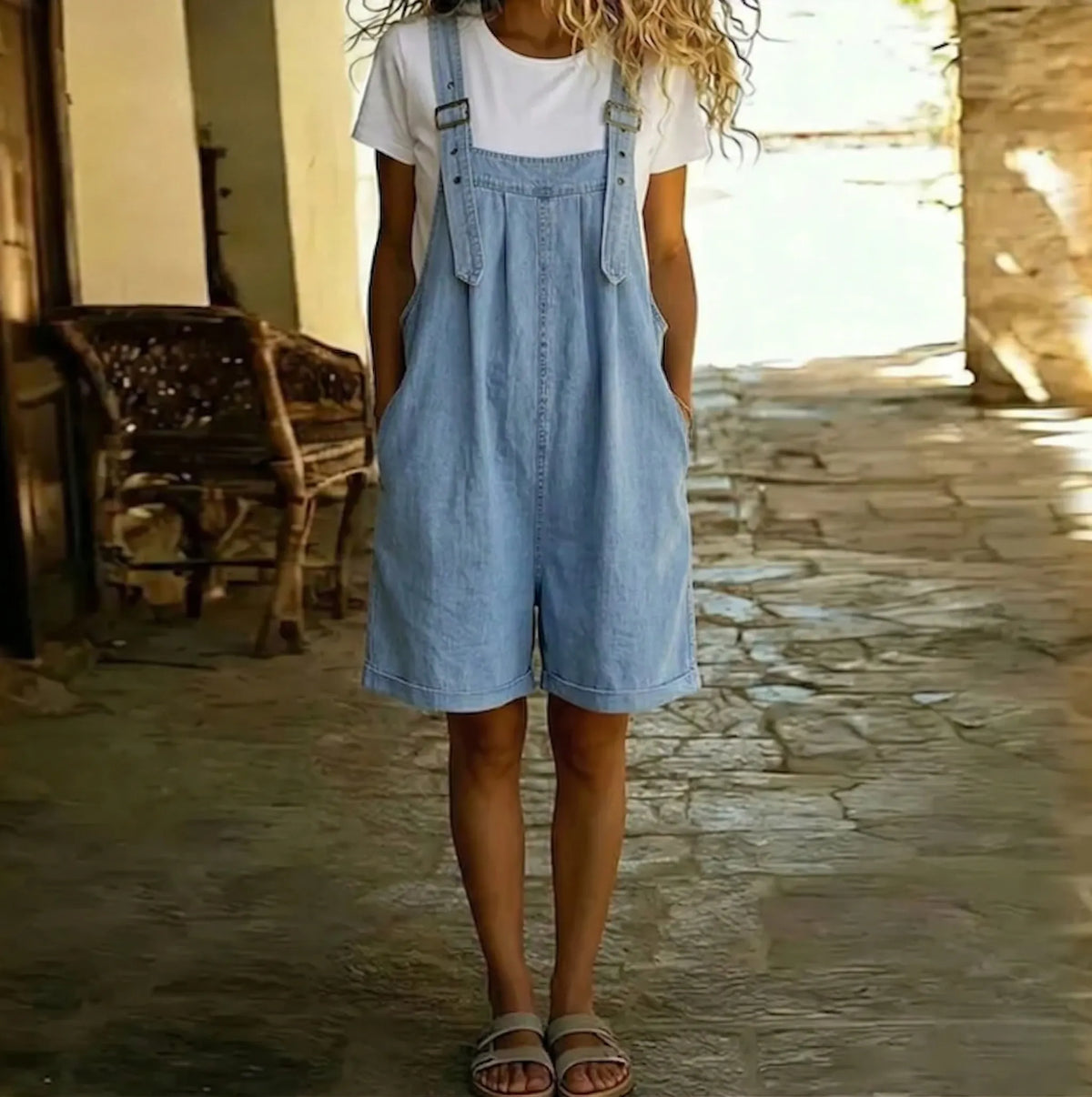 Denim Short Overalls Women Vintage Washed Light Blue Cotton