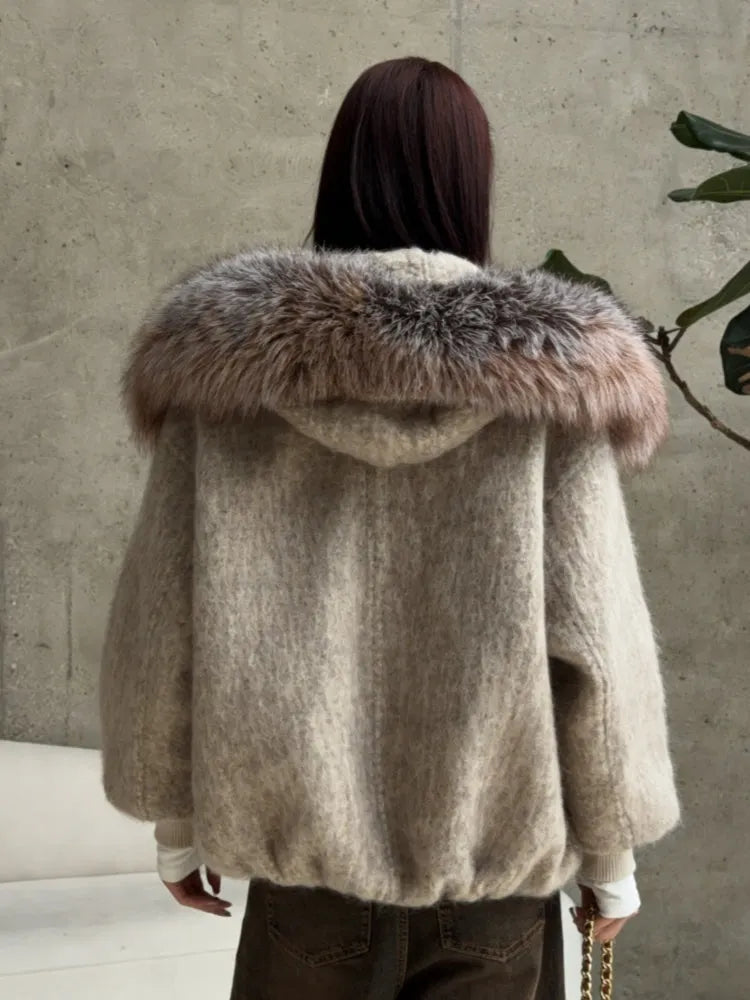 Faux Fur Hooded Wool-Blend Jacket