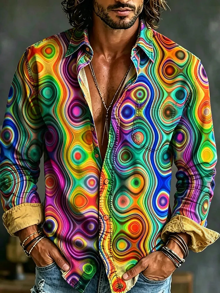 Men's Colorful Hippie Style Abstract Print Casual Long-sleeved Shirt
