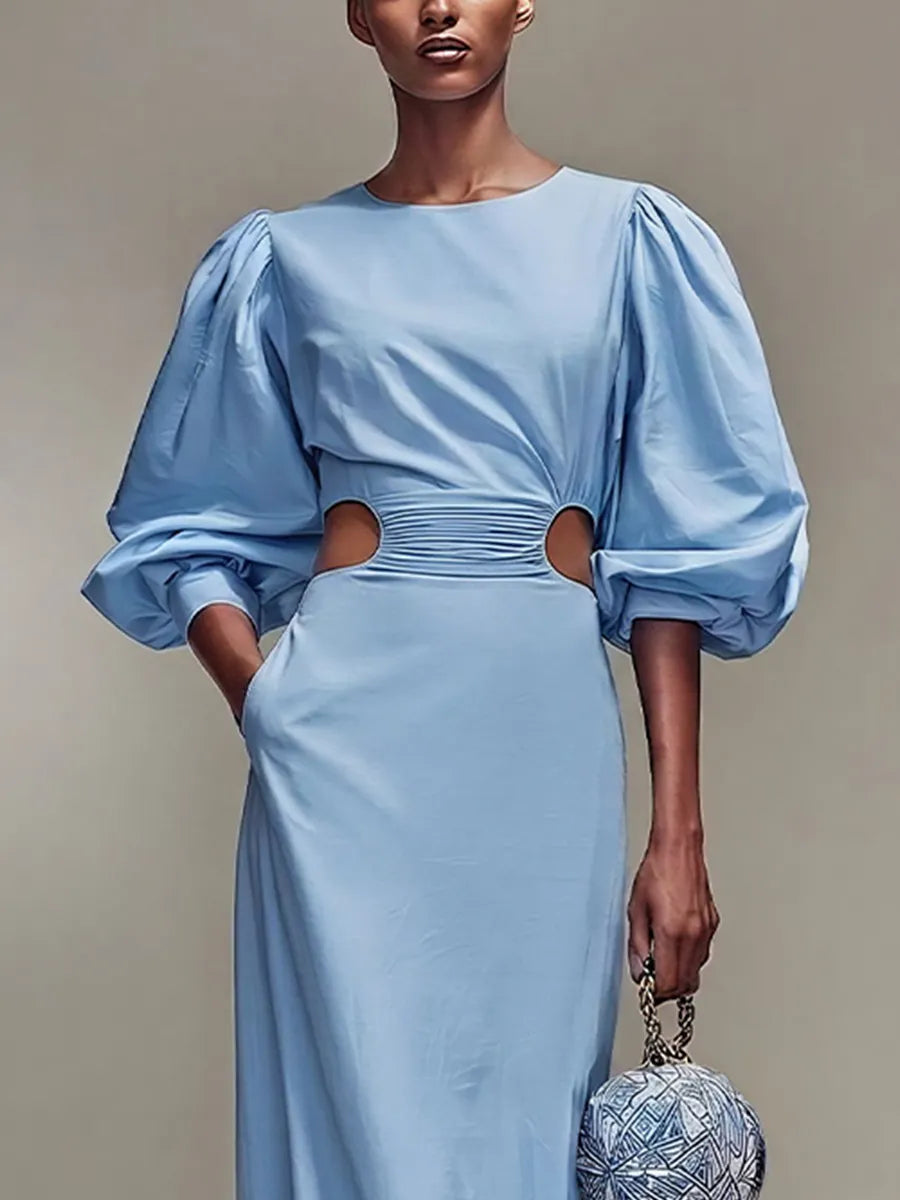 Women’s Sky Blue Satin Round Neck Balloon Sleeve Ruched Waist Cutout Maxi Dress MDZ2467D8T