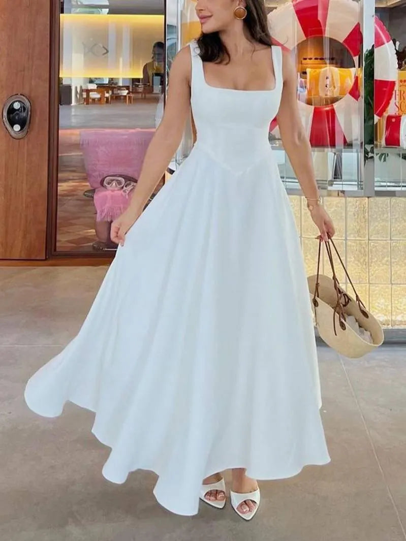 Elegant Sling Square Collar Large Swing MidI Dress