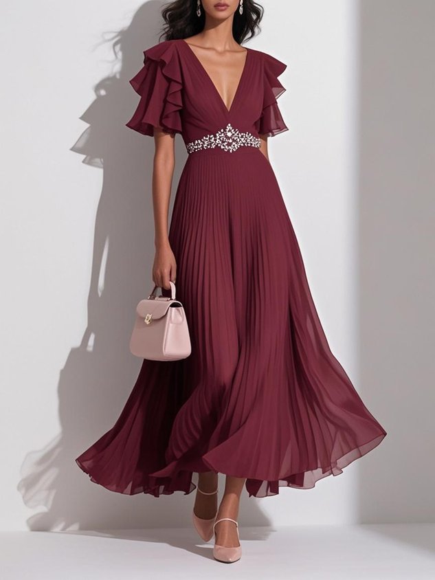Purplish blue Pleated Rhinestone Chiffon V Neck Short Sleeve Ruffle Sleeve A-Line Maxi Mother of the Bride or Groom Dress