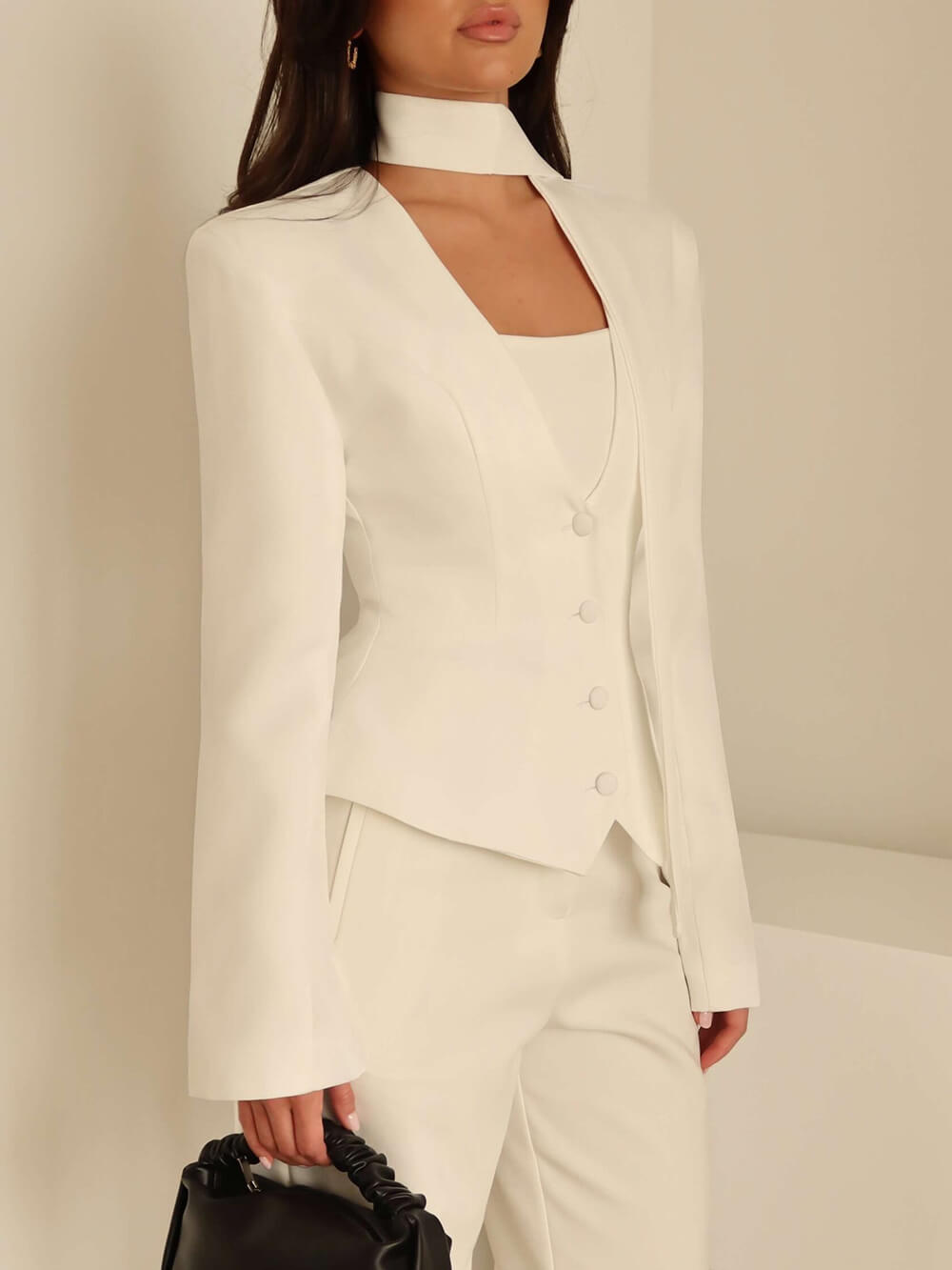 Fashion Solid Color V-Neck Scarf-Trimmed Long Sleeve Blazer