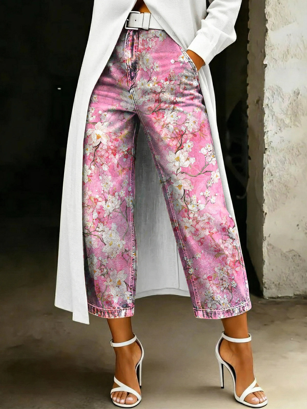 Women's Fashion Vintage Floral Loose-fit Casual Printed Wide-leg Jeans