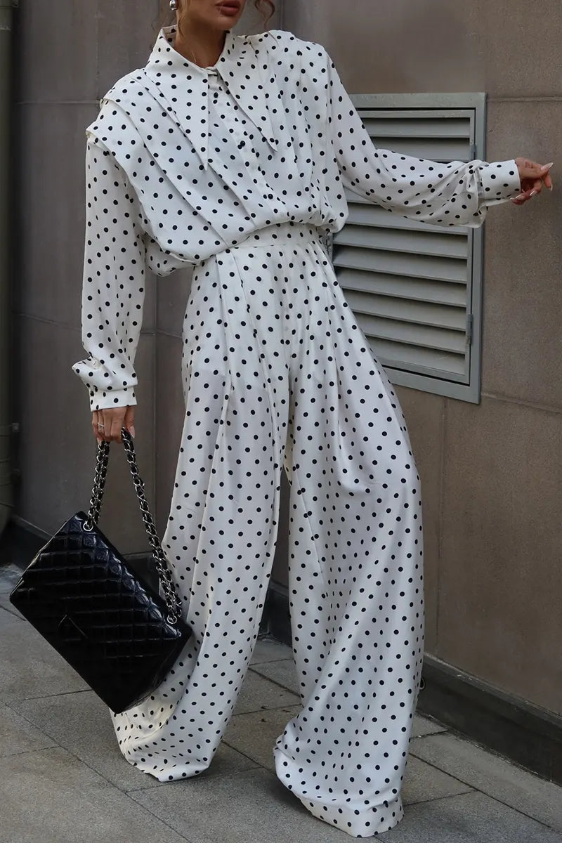Women's Casual Loose Polka-Dot Shirts Pants Set