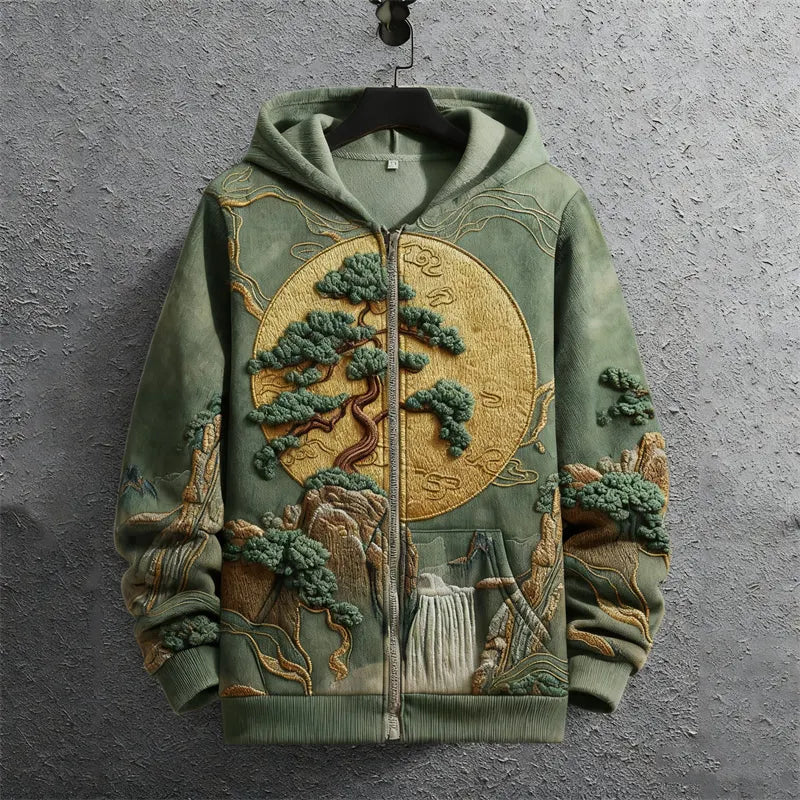 Japanese Pine Tree Waterfall Landscape Embroidered Full Zip Hoodie