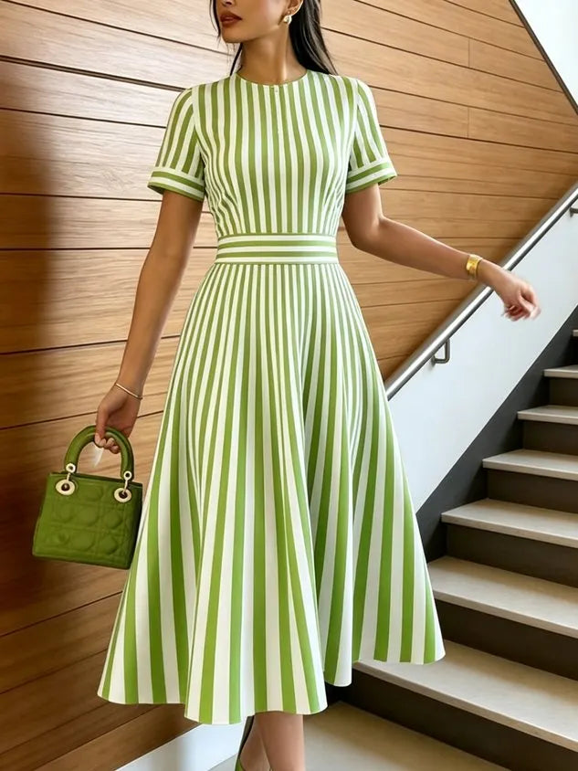 Urban Striped Printing Crew Neck Midi Dress