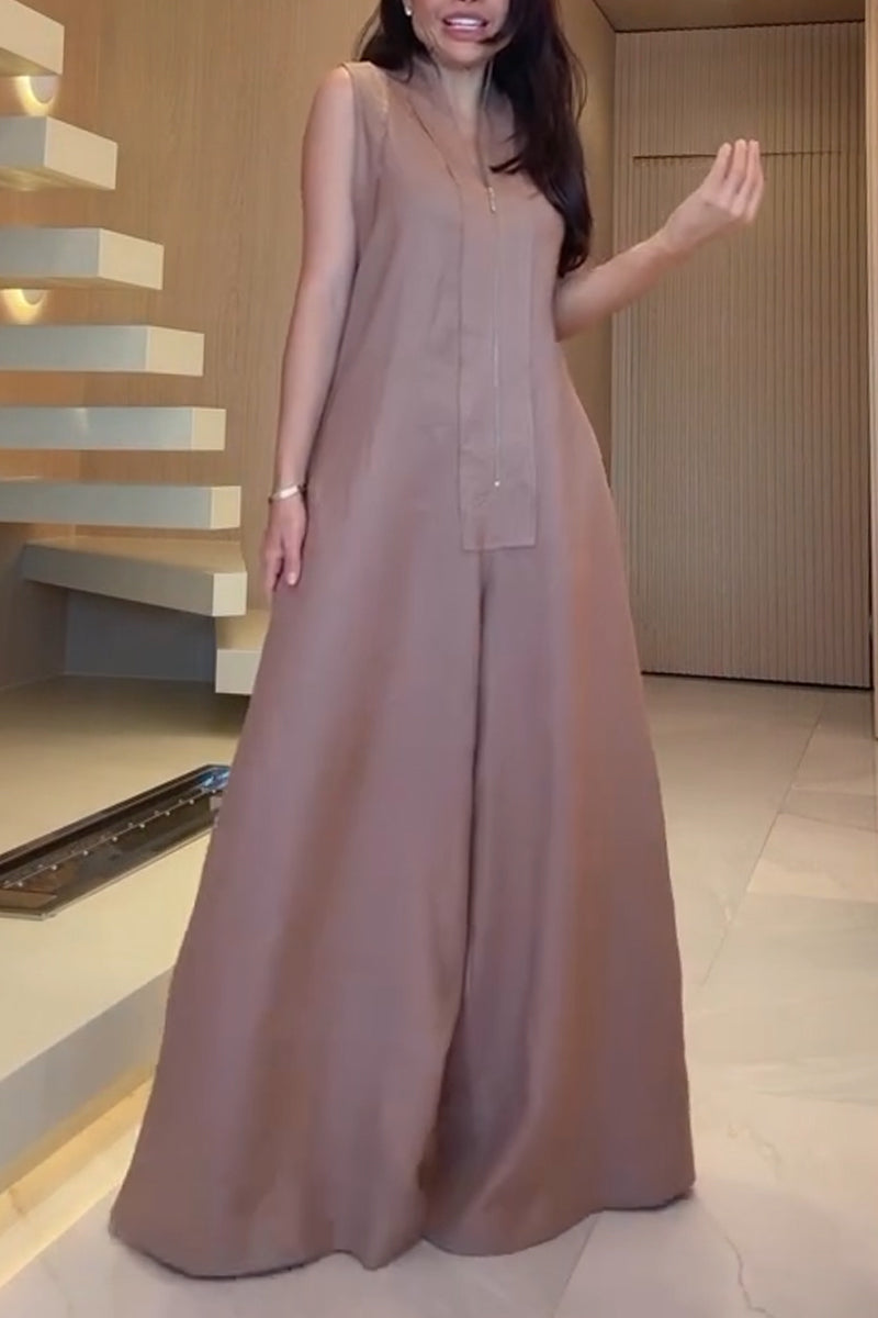 Women Round Neck Spliced Zipper Solid Color Casual Wide Leg Jumpsuit