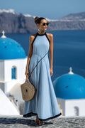 Women's Light Blue Halter Neck Maxi Dress with Contrast Trim