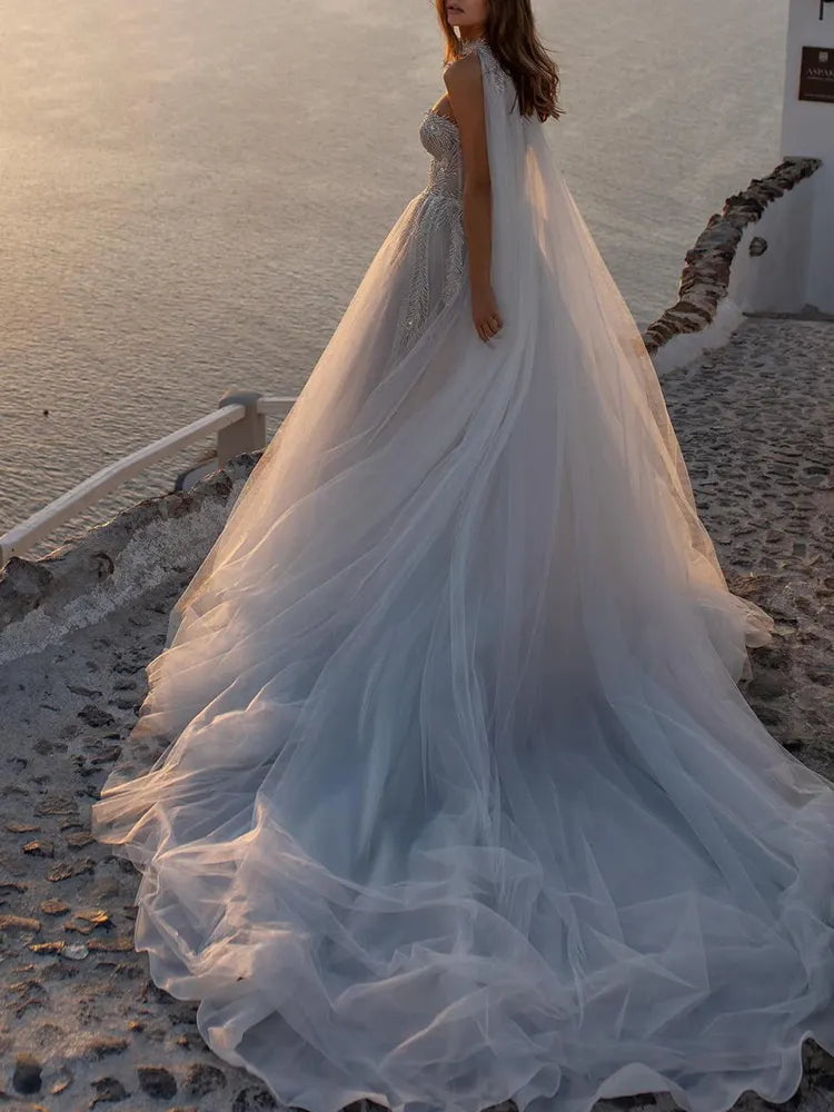 Fashion Two Pieces Set Bandeau Shiny Backless Wedding Maxi Dress