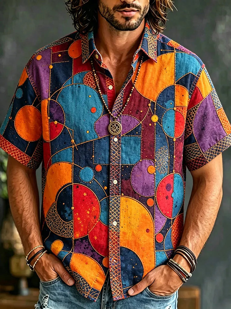 Men's Boho Patchwork Geometric Print Button Up Shirt - Colorful Retro Casual Camp Top