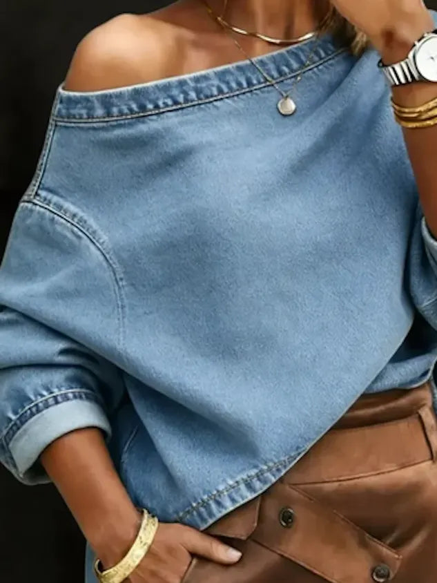 Casual Plain Asymmetrical Denim Top