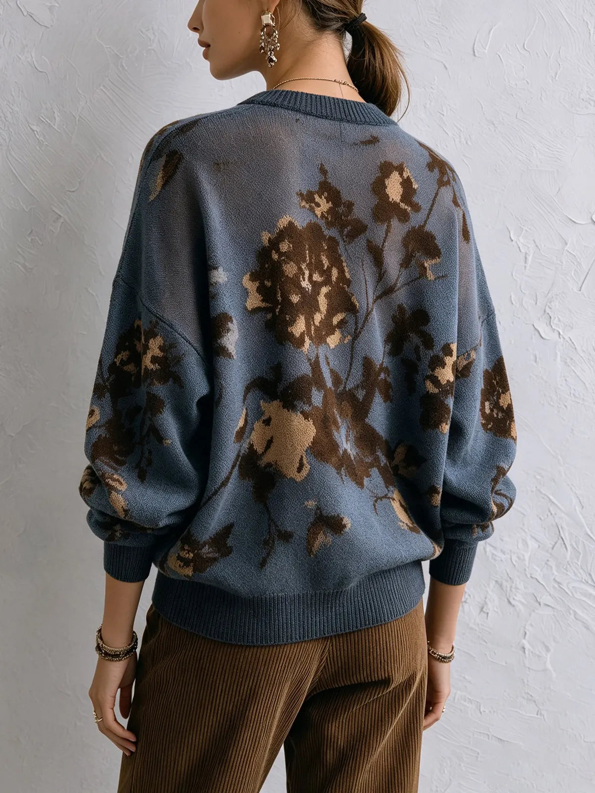 Blue Floral Oversized Knit Sweater