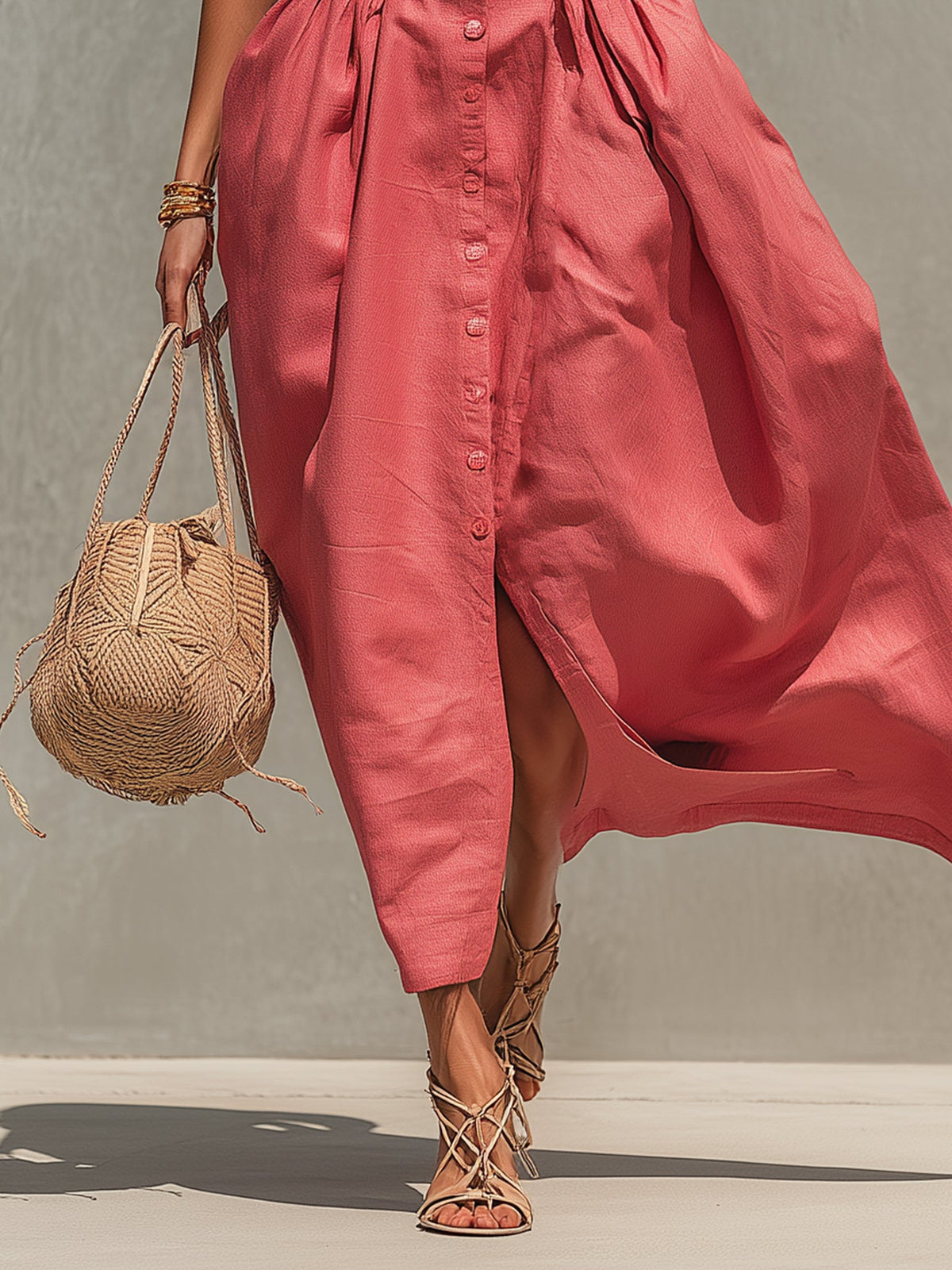 Peach Pink Linen Blend  Maxi Dress