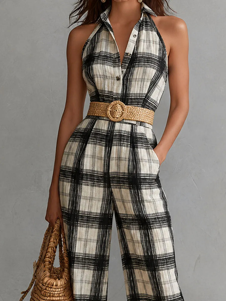 Boho Black And Ivory Plaid Pleated Linen Halter Wide-Leg Jumpsuit