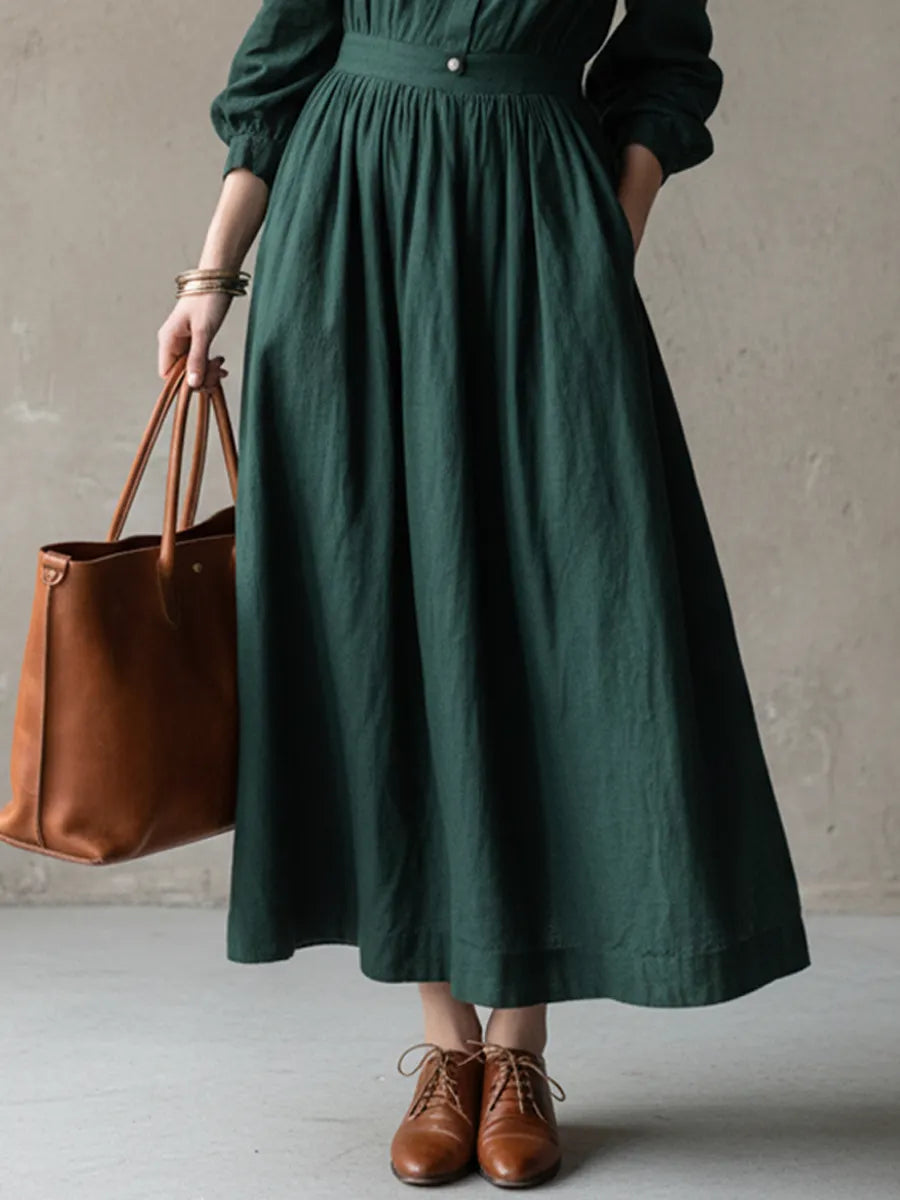 Women’s Retro Dark Green Cotton Linen Embroidered Collar Fitted Waist Long Dress MDZ1737D0GMJ