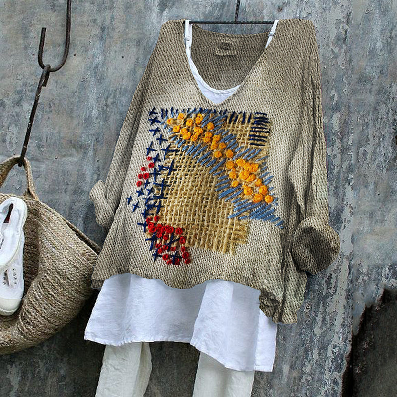 Colorful Embroidered Stitched Textile Art Linen Blend Tunic