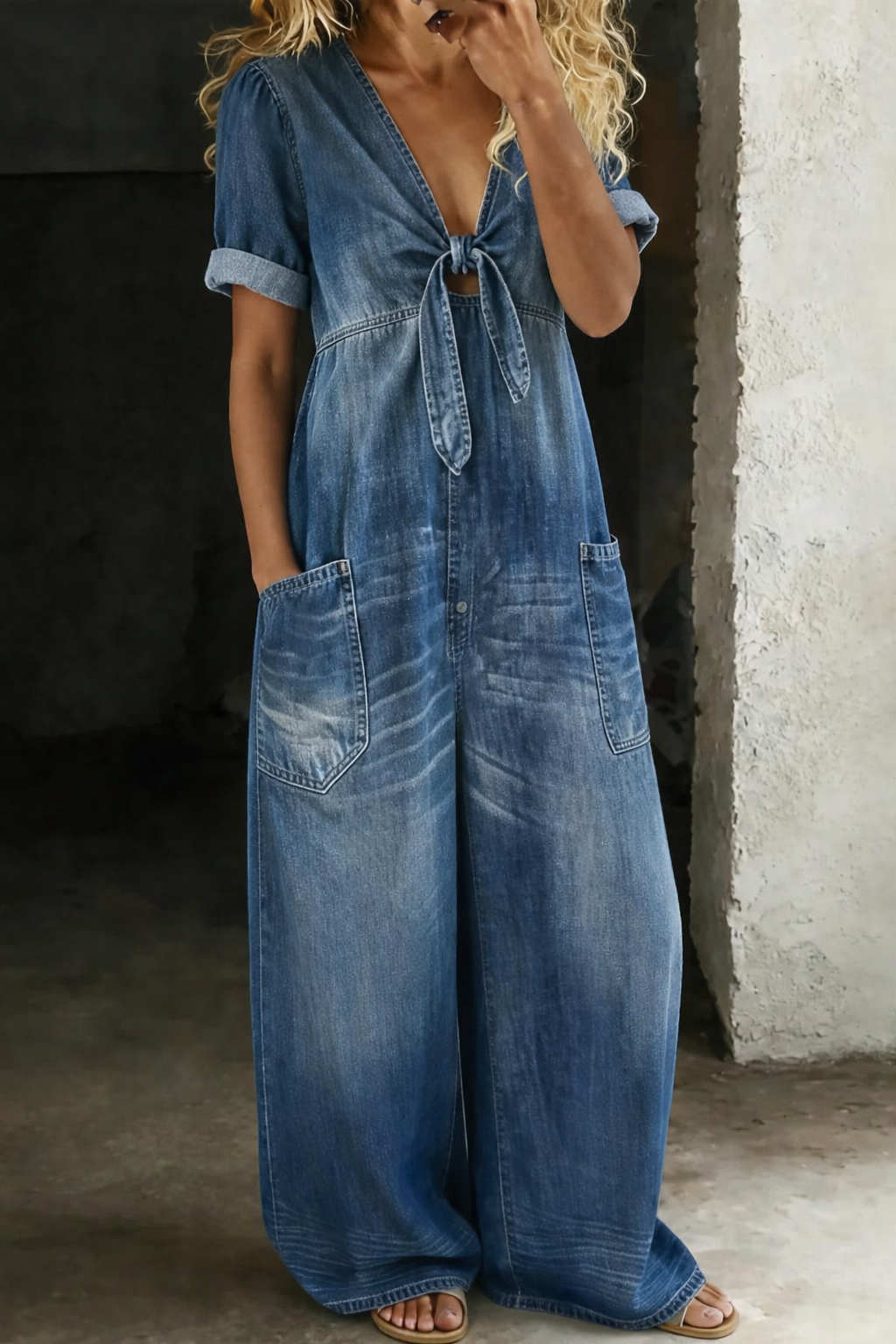 V Neck Denim Jumpsuit Short Sleeve for Women