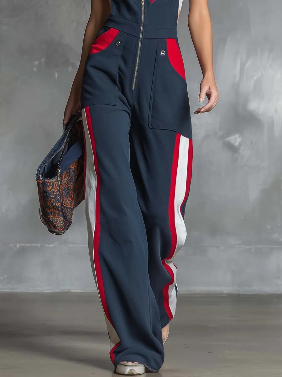 Retro Fahsion Sports Front Zipper Contrast Dark Blue Cotton Overalls Jumpsuit