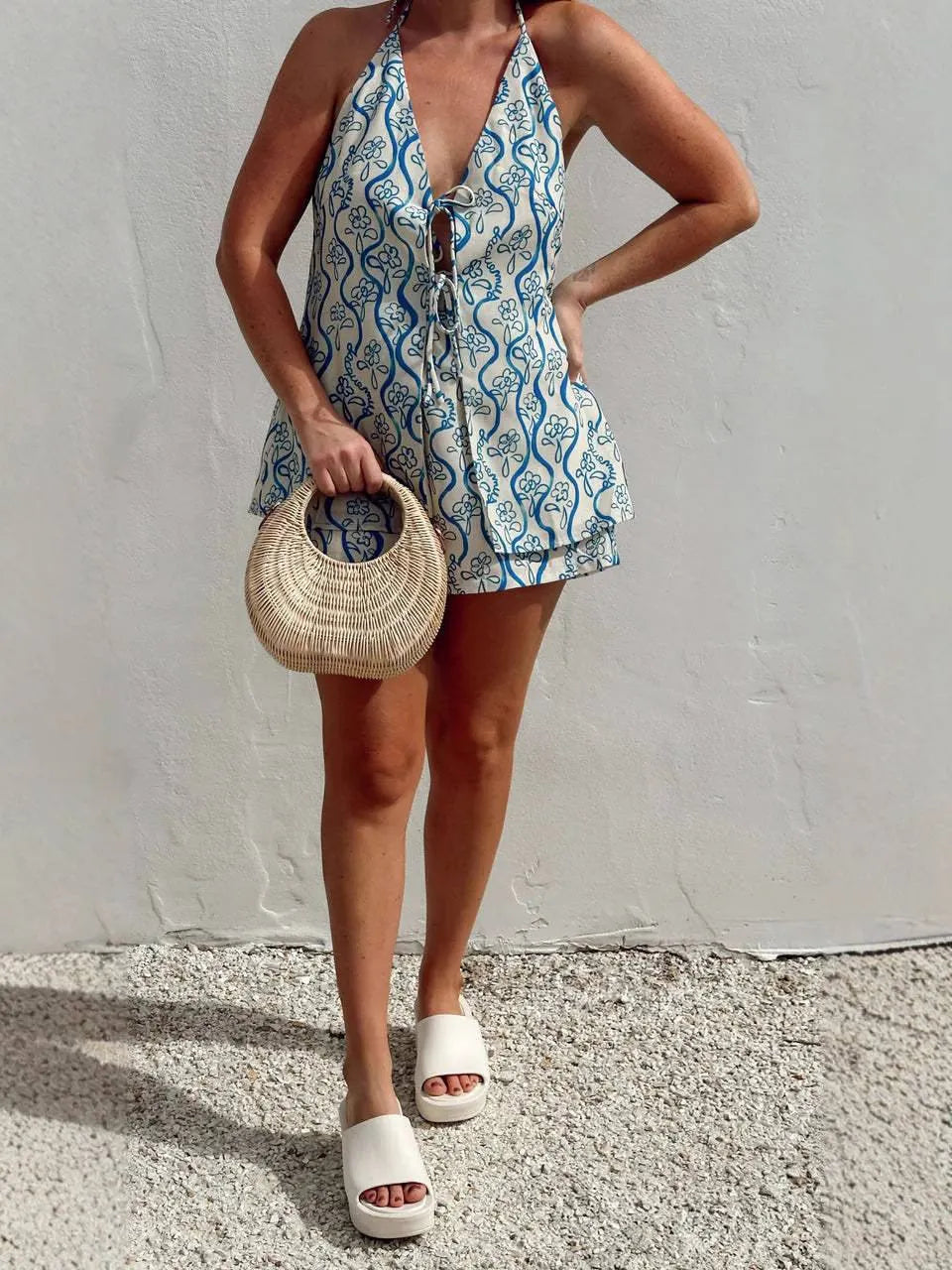 Printed Halter Neck Tie-Up Top And Shorts Suit