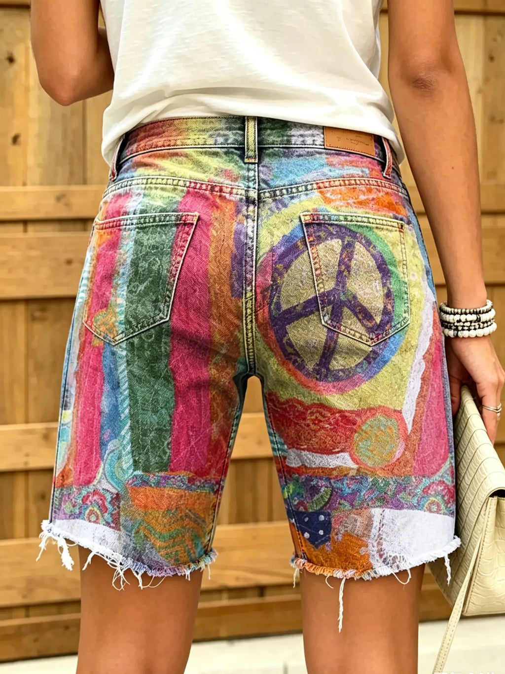 Women's Peace Sign Stripe Patchwork Print Frayed Denim Shorts